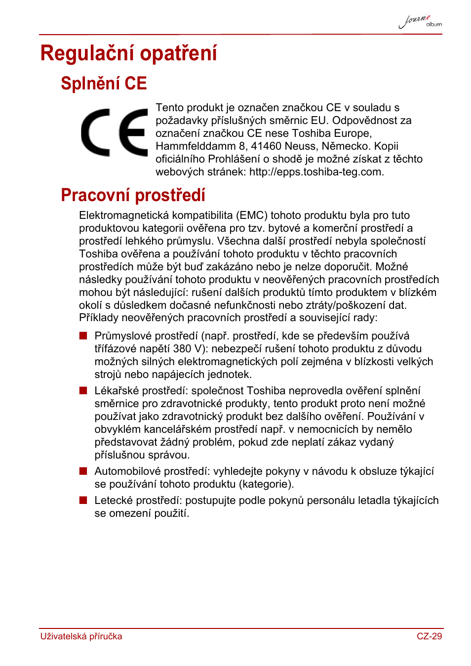 Regulační opatření, Splnění ce, Pracovní prostředí | Splnění ce pracovní prostředí | Toshiba JournE album User Manual | Page 61 / 420