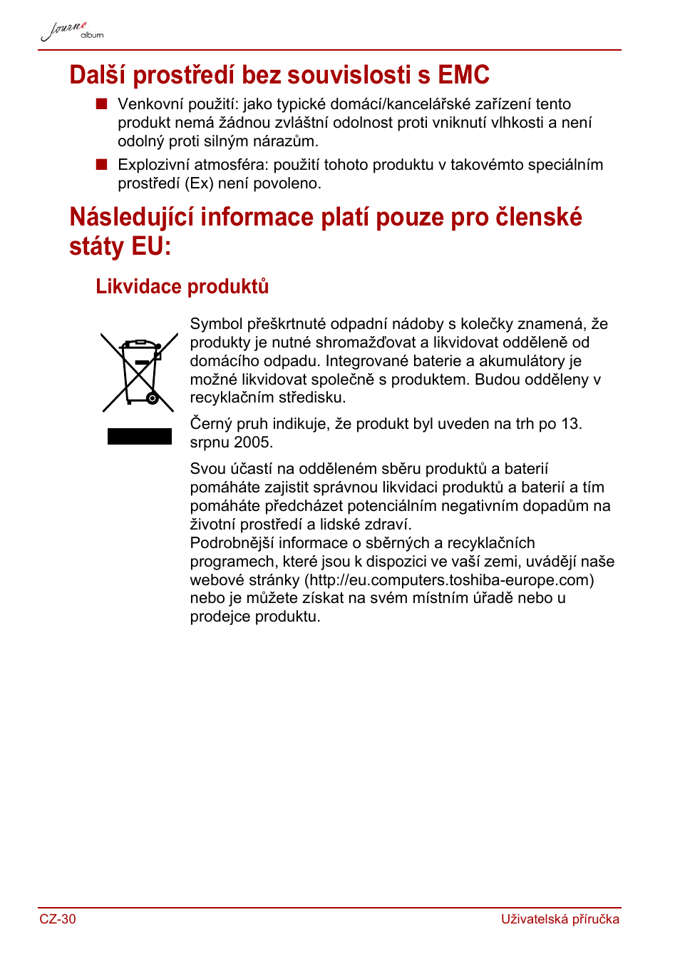 Další prostředí bez souvislosti s emc, Likvidace produktů | Toshiba JournE album User Manual | Page 62 / 420