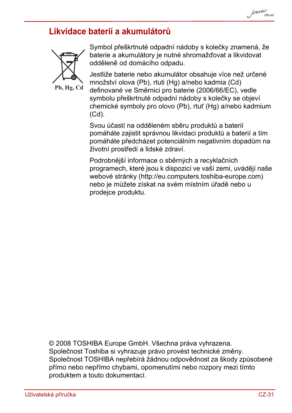 Likvidace baterií a akumulátorů | Toshiba JournE album User Manual | Page 63 / 420