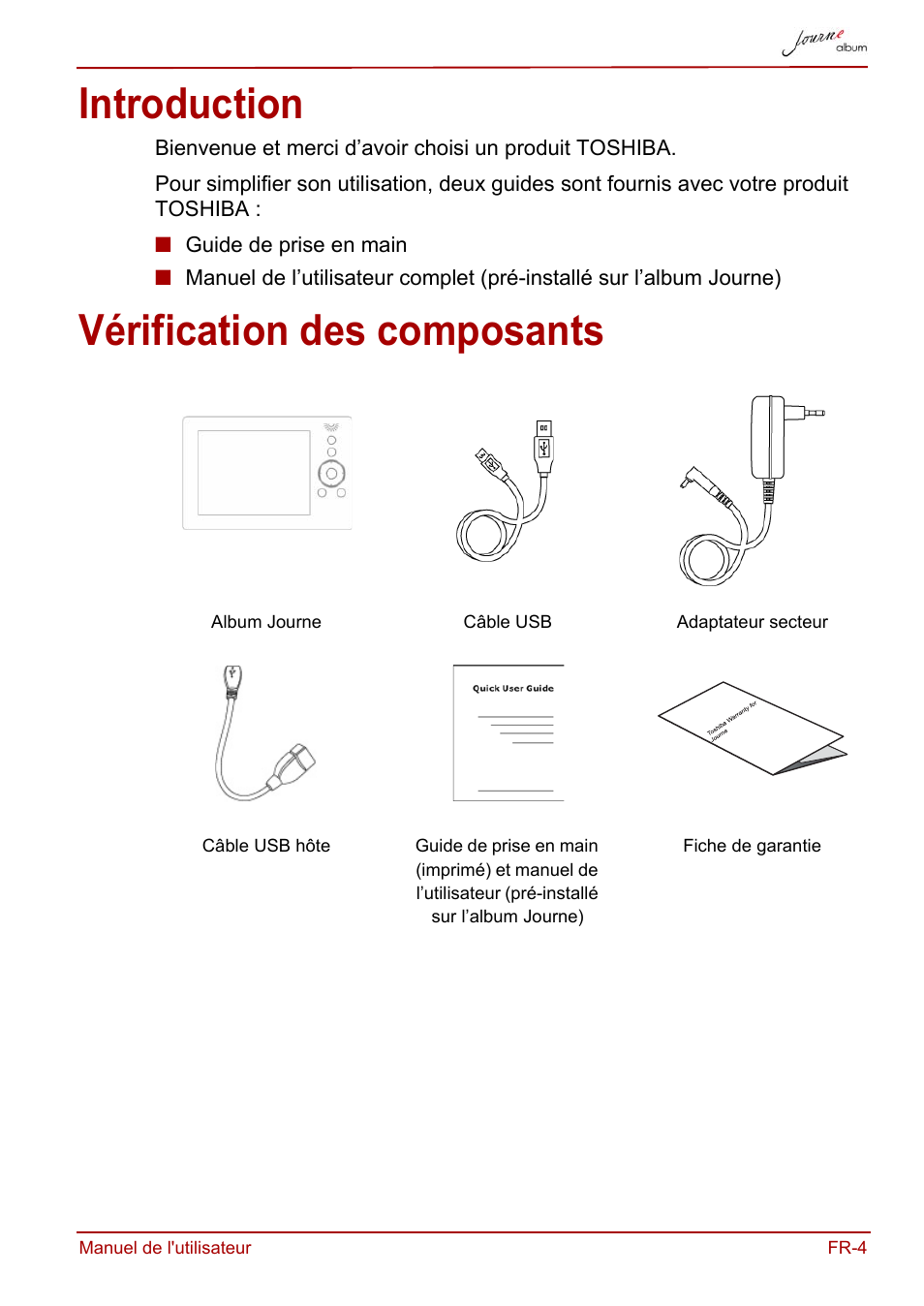 Introduction, Vérification des composants, Introduction vérification des composants | Toshiba JournE album User Manual | Page 67 / 420