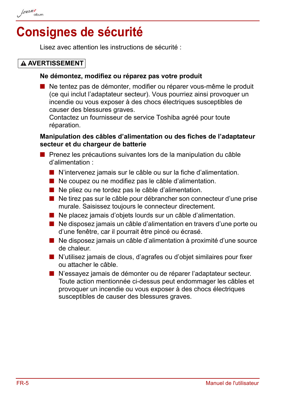 Consignes de sécurité | Toshiba JournE album User Manual | Page 68 / 420