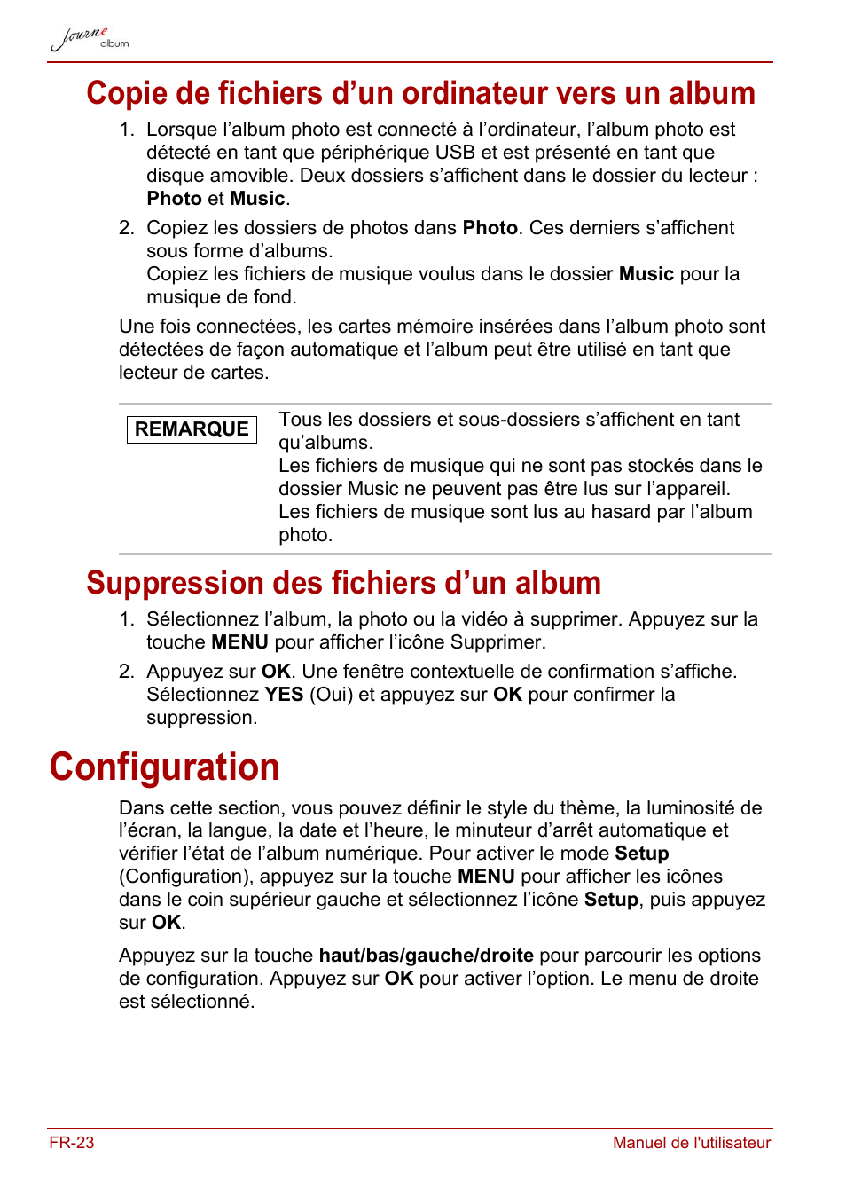 Copie de fichiers d’un ordinateur vers un album, Suppression des fichiers d’un album, Configuration | Toshiba JournE album User Manual | Page 86 / 420