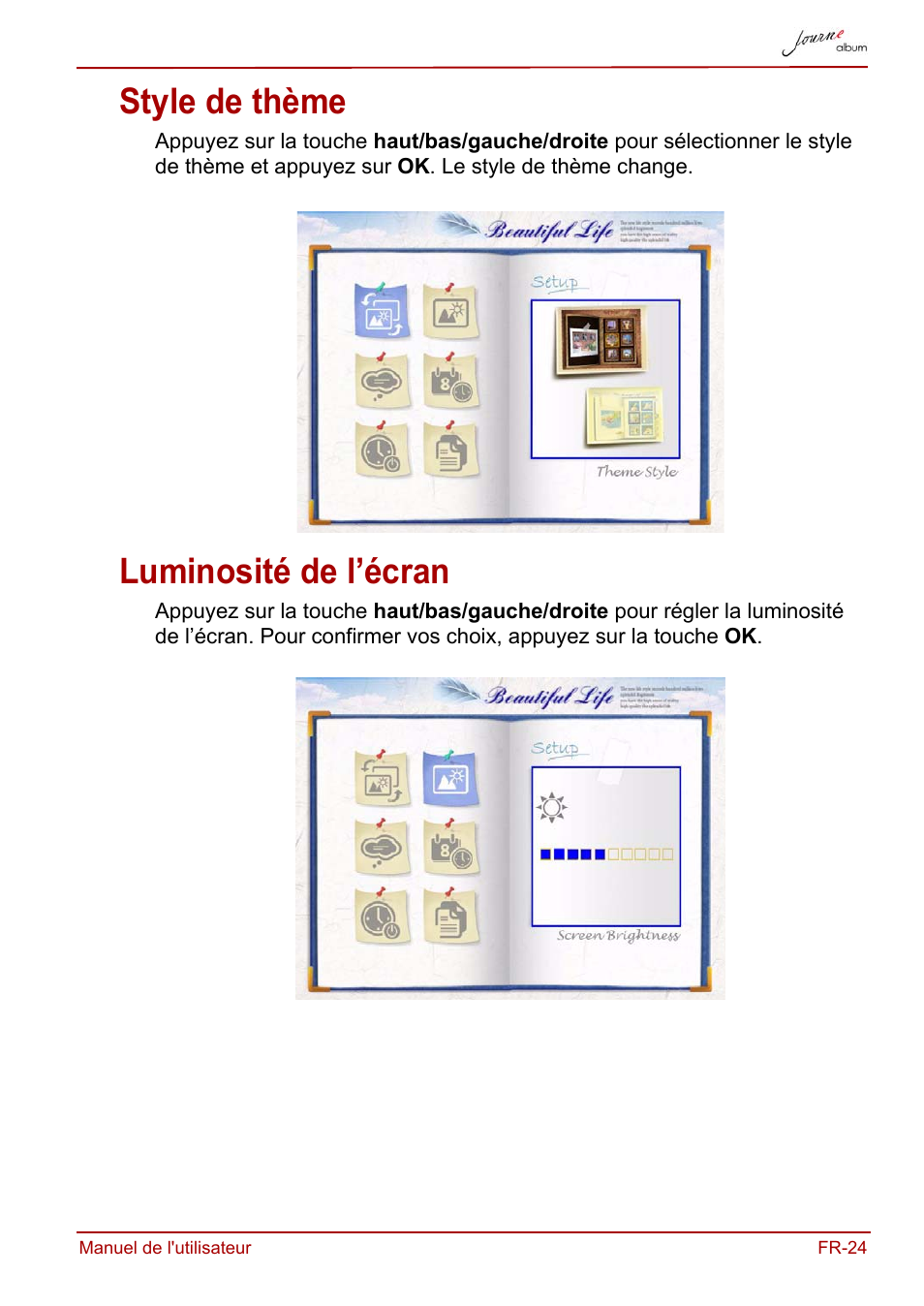 Style de thème, Luminosité de l’écran, Style de thème luminosité de l’écran | Toshiba JournE album User Manual | Page 87 / 420