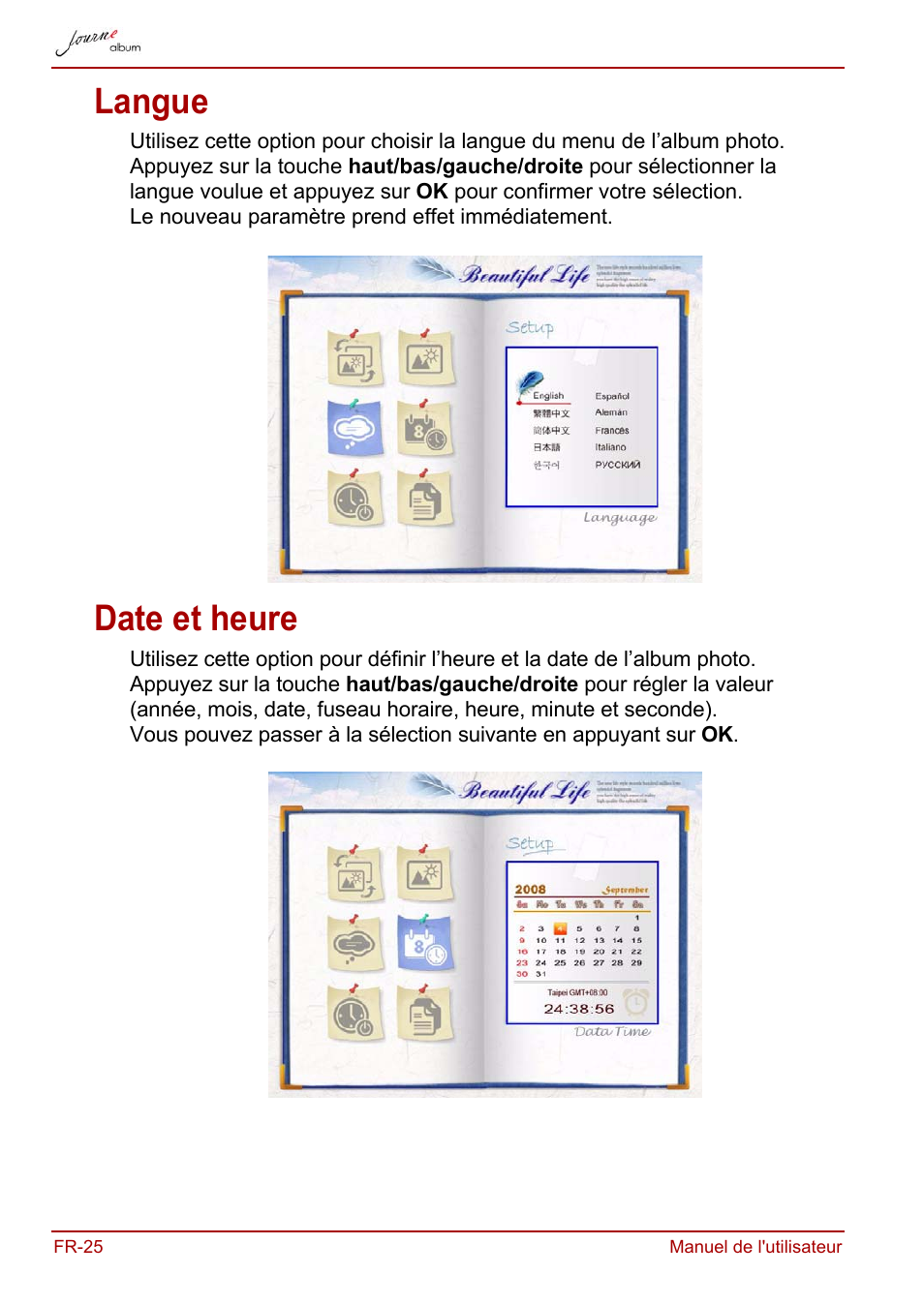 Langue, Date et heure, Langue date et heure | Toshiba JournE album User Manual | Page 88 / 420