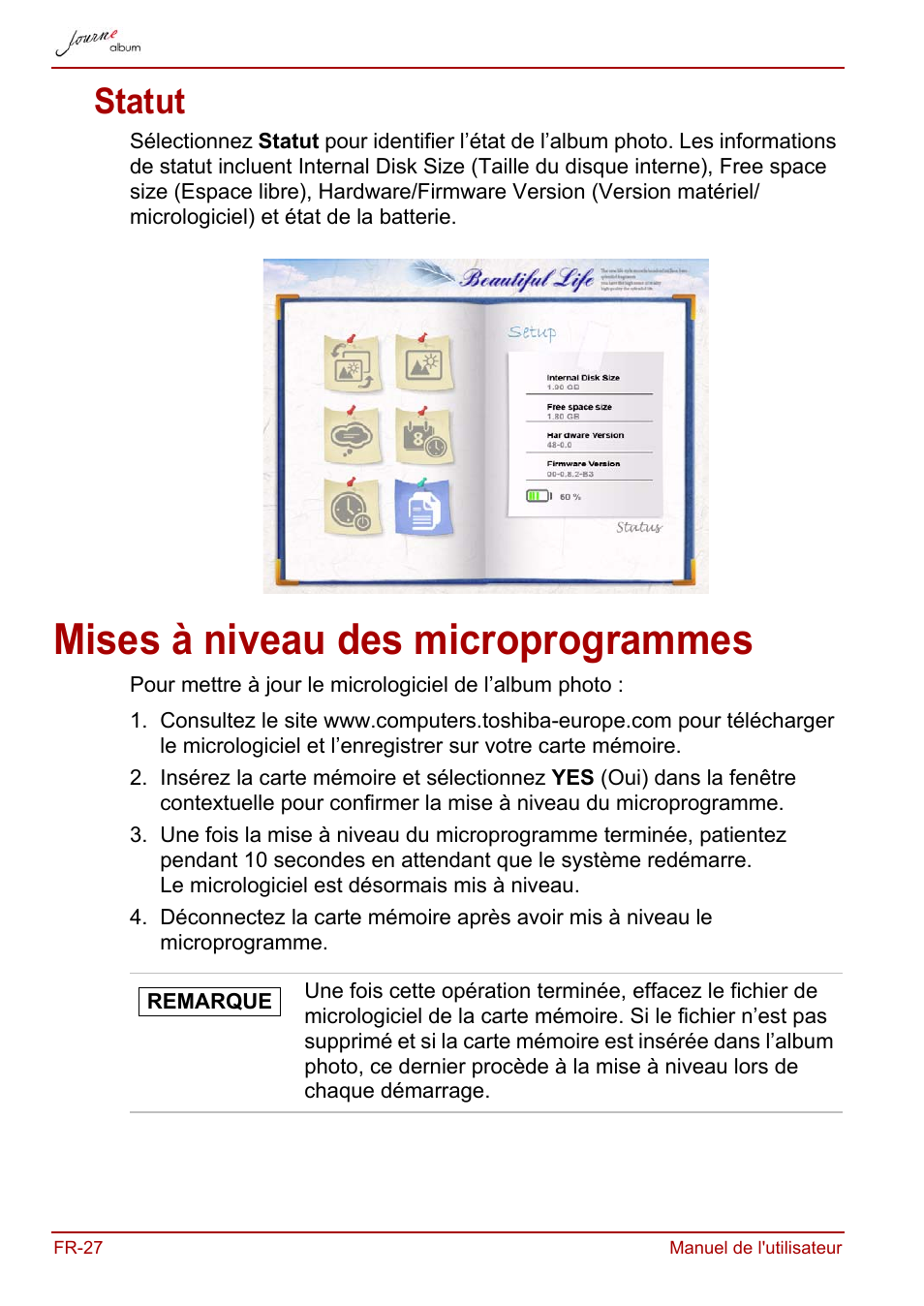 Statut, Mises à niveau des microprogrammes | Toshiba JournE album User Manual | Page 90 / 420