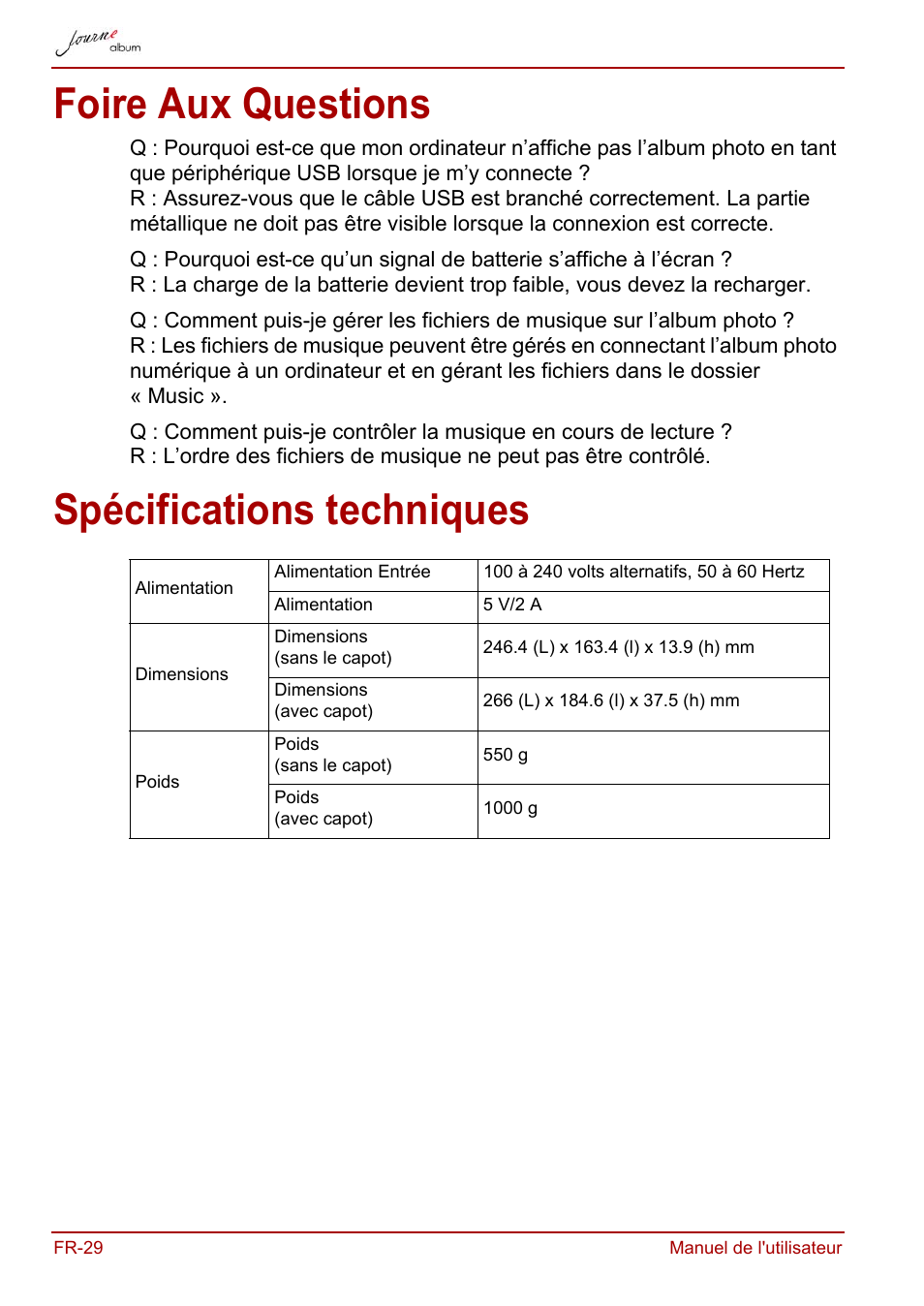 Foire aux questions, Spécifications techniques, Foire aux questions spécifications techniques | Toshiba JournE album User Manual | Page 92 / 420