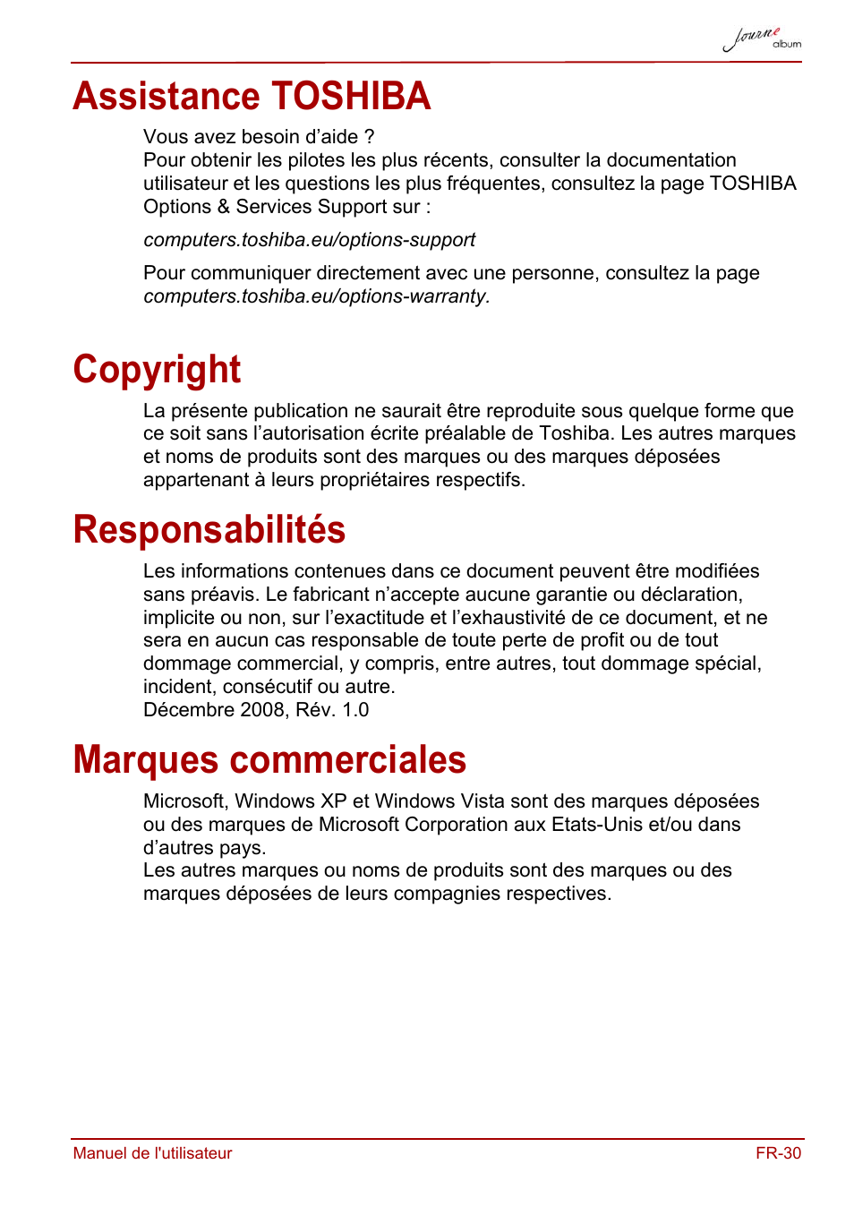 Assistance toshiba, Copyright, Responsabilités | Marques commerciales | Toshiba JournE album User Manual | Page 93 / 420