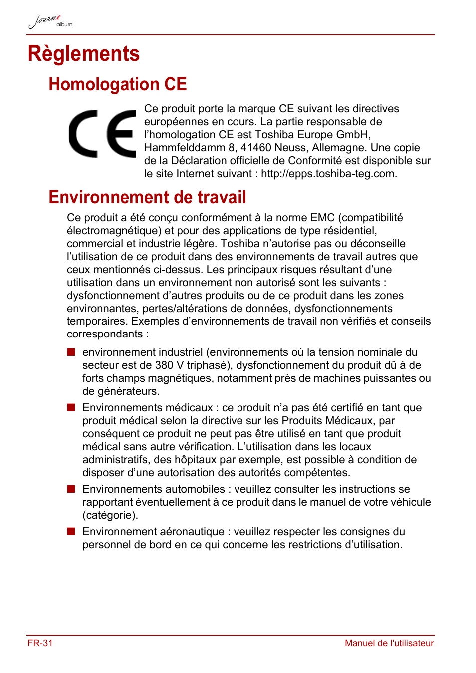 Règlements, Homologation ce, Environnement de travail | Homologation ce environnement de travail | Toshiba JournE album User Manual | Page 94 / 420