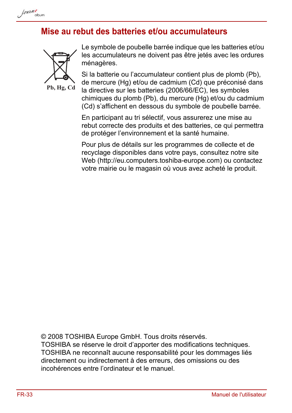 Mise au rebut des batteries et/ou accumulateurs | Toshiba JournE album User Manual | Page 96 / 420