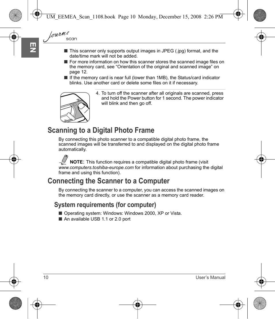 Scanning to a digital photo frame, Connecting the scanner to a computer, System requirements (for computer) | Toshiba JournE Scan User Manual | Page 10 / 236