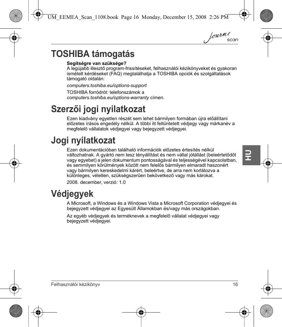 Toshiba támogatás, Szerzői jogi nyilatkozat, Jogi nyilatkozat | Védjegyek | Toshiba JournE Scan User Manual | Page 107 / 236