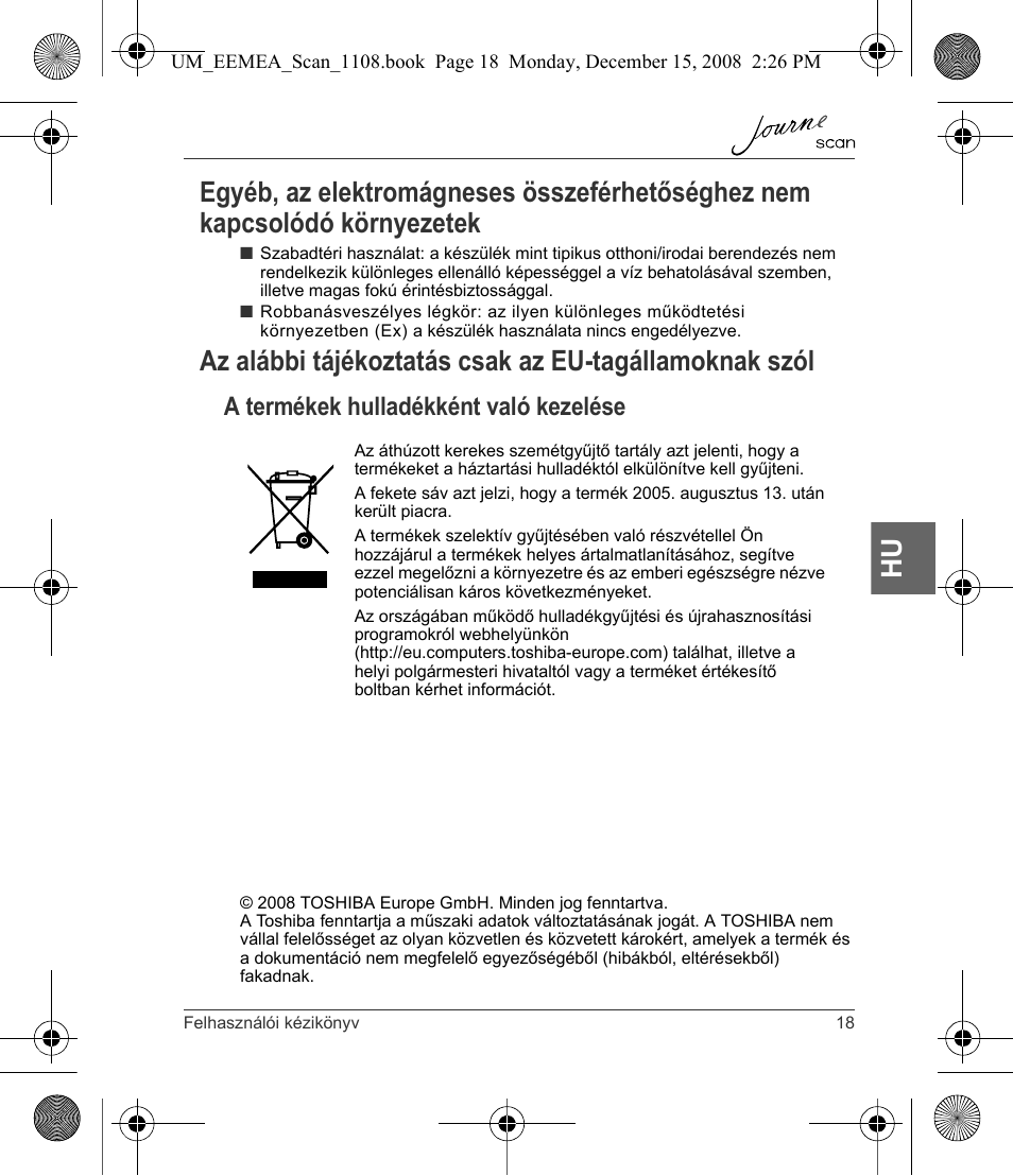 Egyéb, az elektromágneses összeférhetőséghez nem, A termékek hulladékként való kezelése | Toshiba JournE Scan User Manual | Page 109 / 236