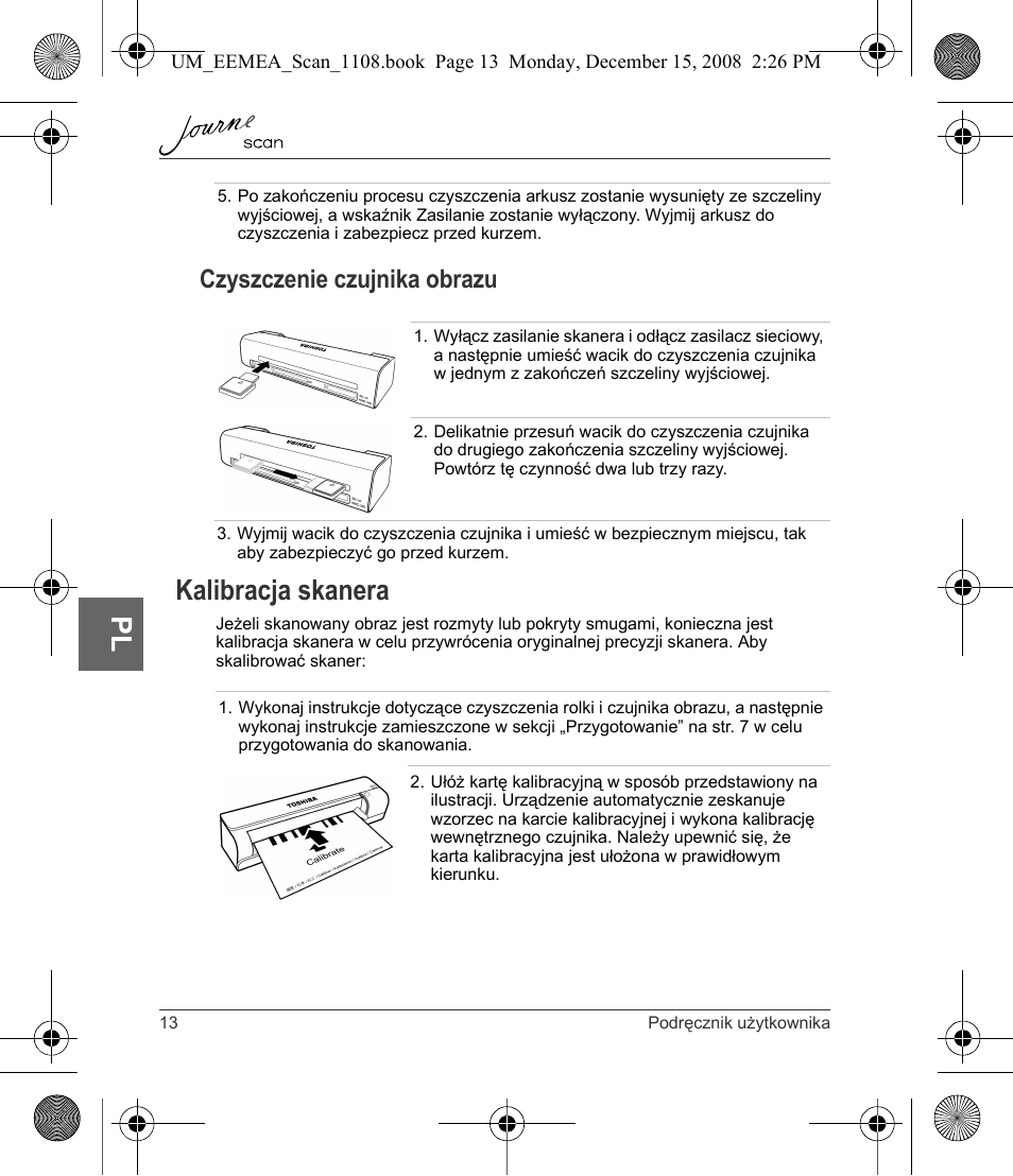 Kalibracja skanera, Czyszczenie czujnika obrazu | Toshiba JournE Scan User Manual | Page 122 / 236