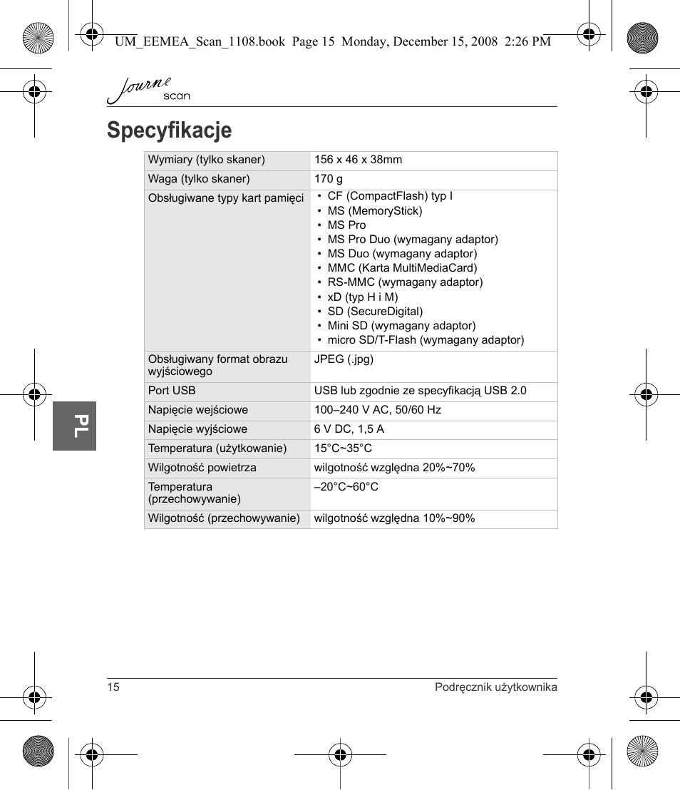 Specyfikacje | Toshiba JournE Scan User Manual | Page 124 / 236