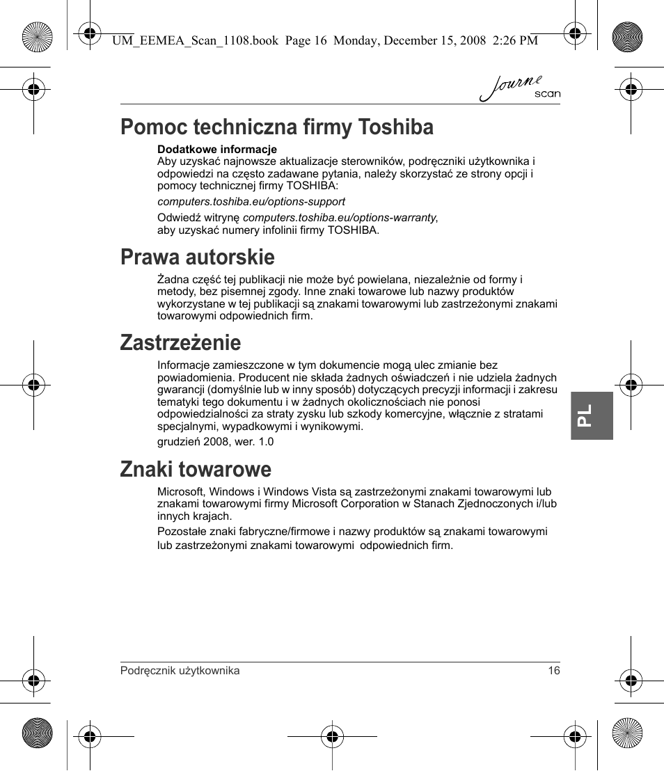 Pomoc techniczna firmy toshiba, Prawa autorskie, Zastrzeżenie | Znaki towarowe | Toshiba JournE Scan User Manual | Page 125 / 236