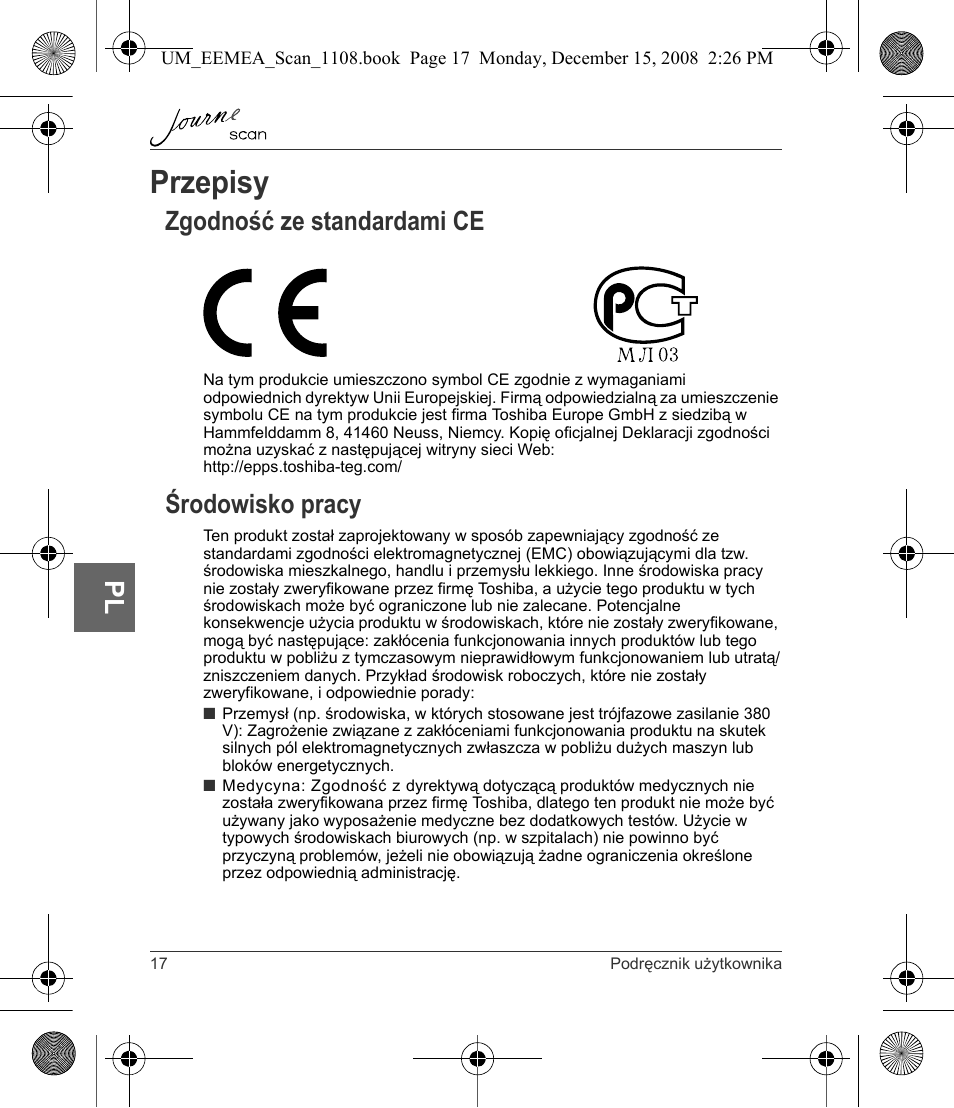 Przepisy, Zgodność ze standardami ce środowisko pracy, Zgodność ze standardami ce | Środowisko pracy | Toshiba JournE Scan User Manual | Page 126 / 236
