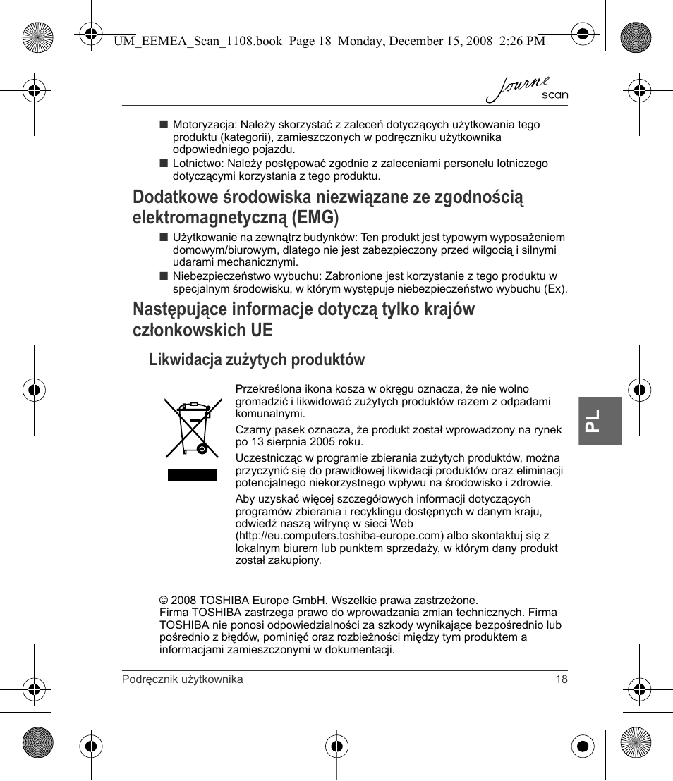 Dodatkowe środowiska niezwiązane ze zgodnością, Likwidacja zużytych produktów | Toshiba JournE Scan User Manual | Page 127 / 236