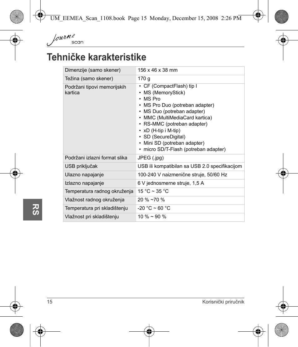 Tehničke karakteristike | Toshiba JournE Scan User Manual | Page 142 / 236