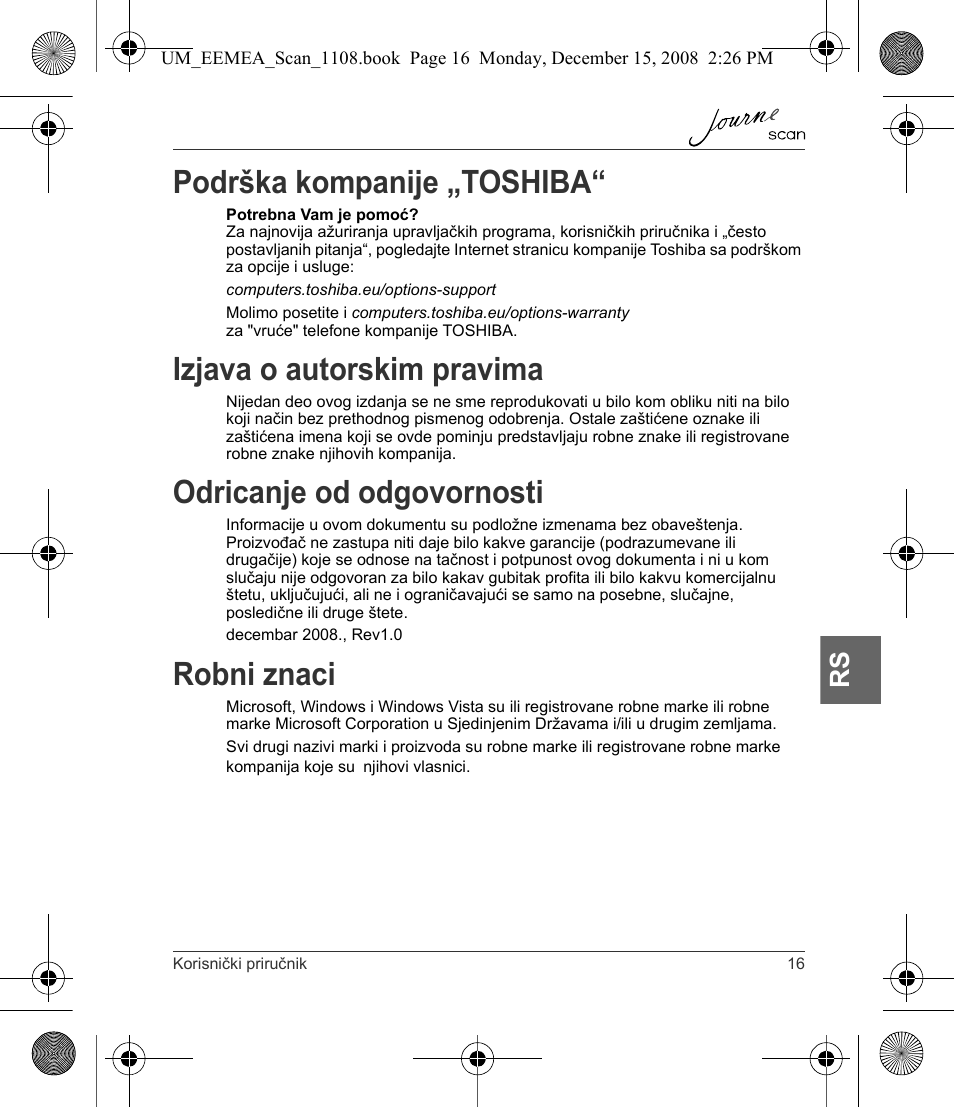 Podrška kompanije „toshiba, Izjava o autorskim pravima, Odricanje od odgovornosti | Robni znaci | Toshiba JournE Scan User Manual | Page 143 / 236