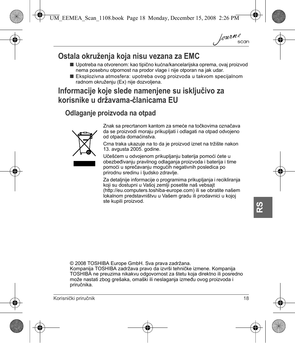 U državama-članicama eu, Rs ostala okruženja koja nisu vezana za emc, Odlaganje proizvoda na otpad | Toshiba JournE Scan User Manual | Page 145 / 236