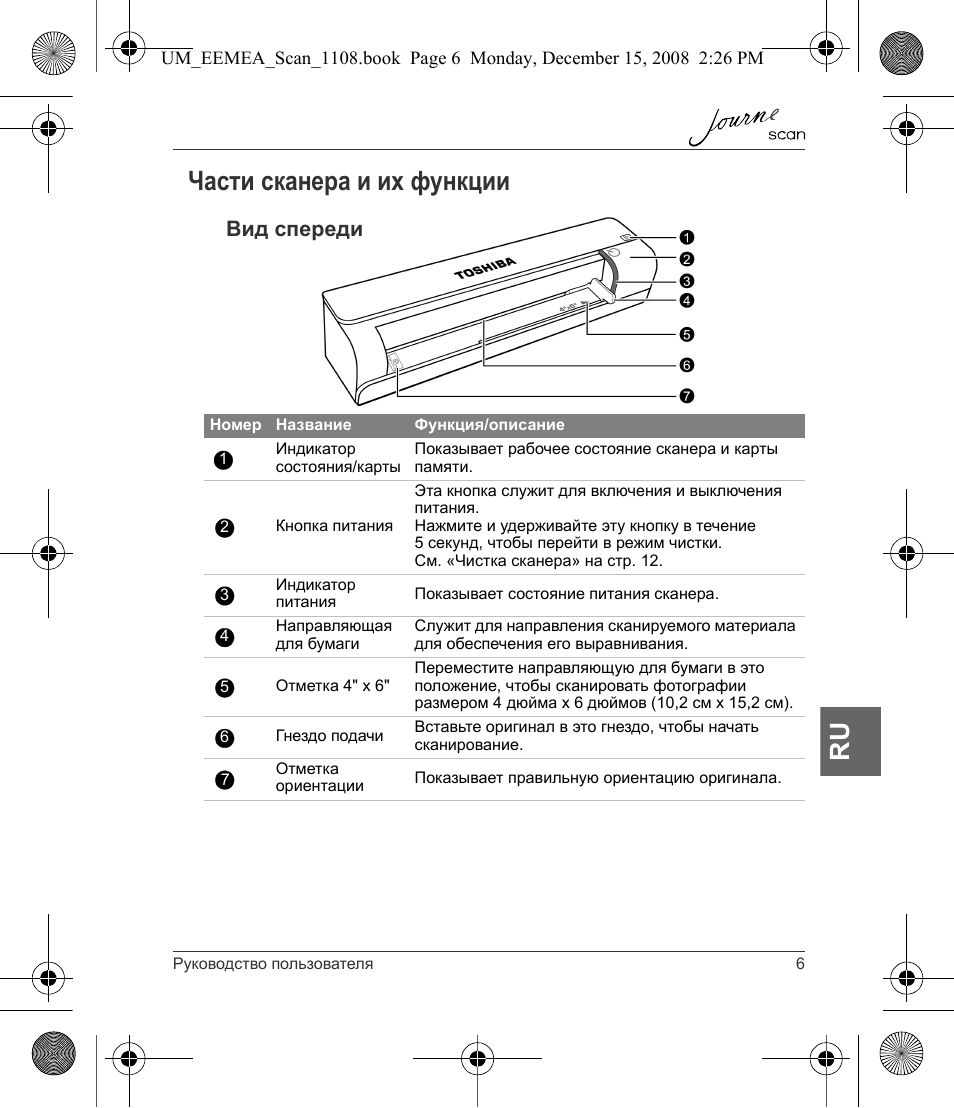 Части сканера и их функции, Ru части сканера и их функции, Вид спереди | Toshiba JournE Scan User Manual | Page 151 / 236
