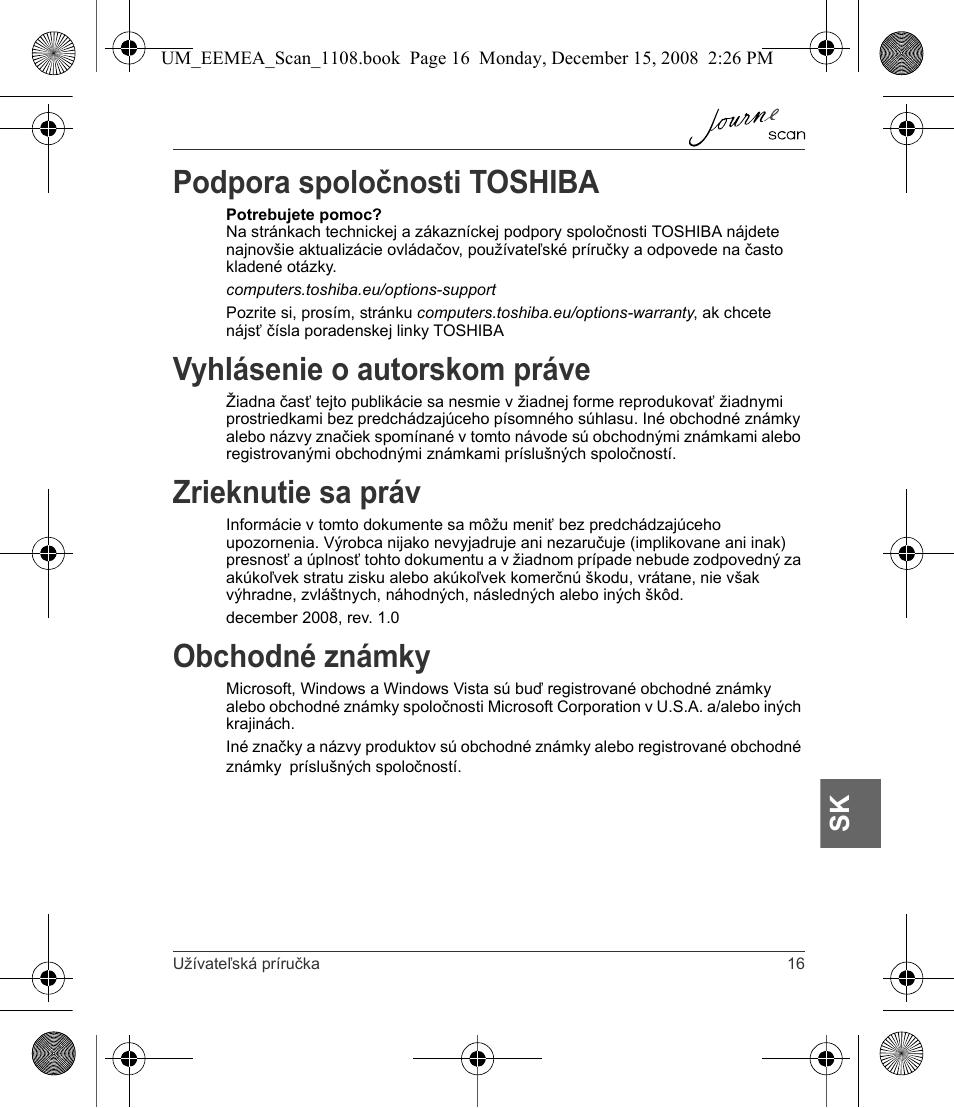 Podpora spoločnosti toshiba, Vyhlásenie o autorskom práve, Zrieknutie sa práv | Obchodné známky | Toshiba JournE Scan User Manual | Page 179 / 236