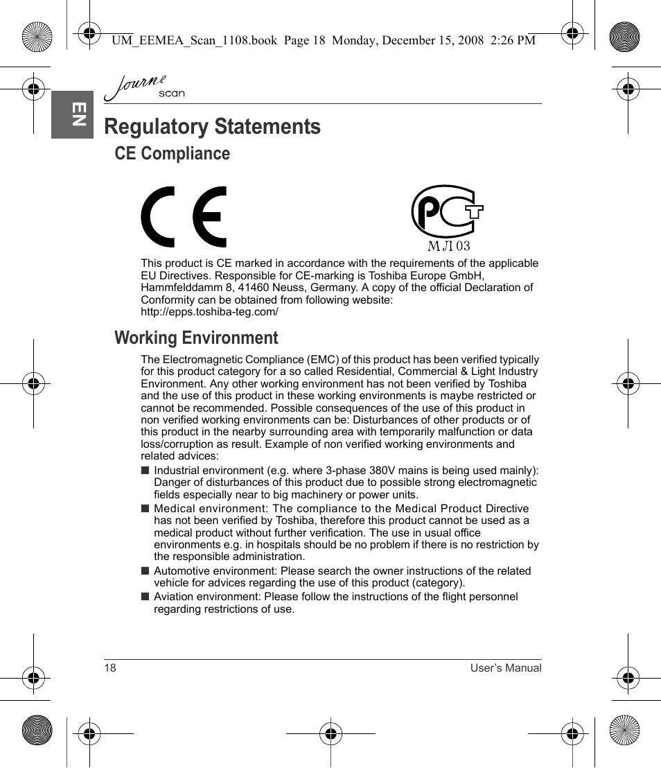 Regulatory statements, Ce compliance working environment, Ce compliance | Working environment | Toshiba JournE Scan User Manual | Page 18 / 236