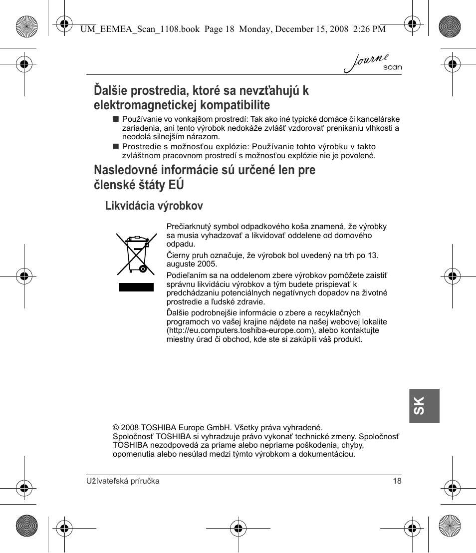 Likvidácia výrobkov | Toshiba JournE Scan User Manual | Page 181 / 236
