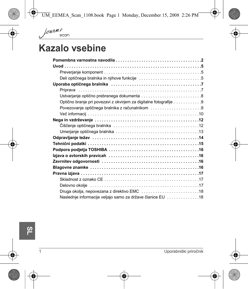 Kazalo vsebine | Toshiba JournE Scan User Manual | Page 182 / 236