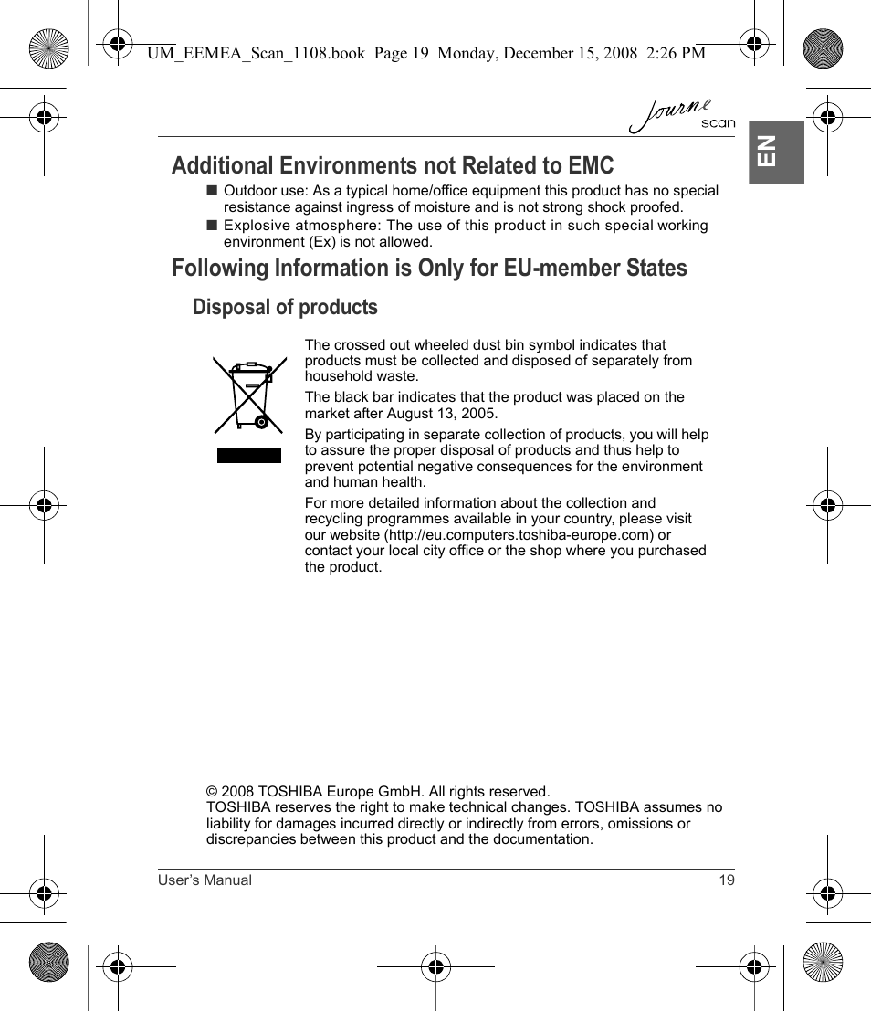 En additional environments not related to emc, Following information is only for eu-member states, Disposal of products | Toshiba JournE Scan User Manual | Page 19 / 236