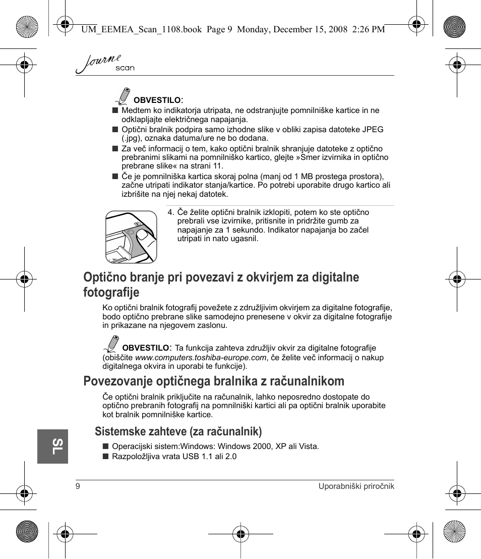 Povezovanje optičnega bralnika z računalnikom, Sistemske zahteve (za računalnik) | Toshiba JournE Scan User Manual | Page 190 / 236