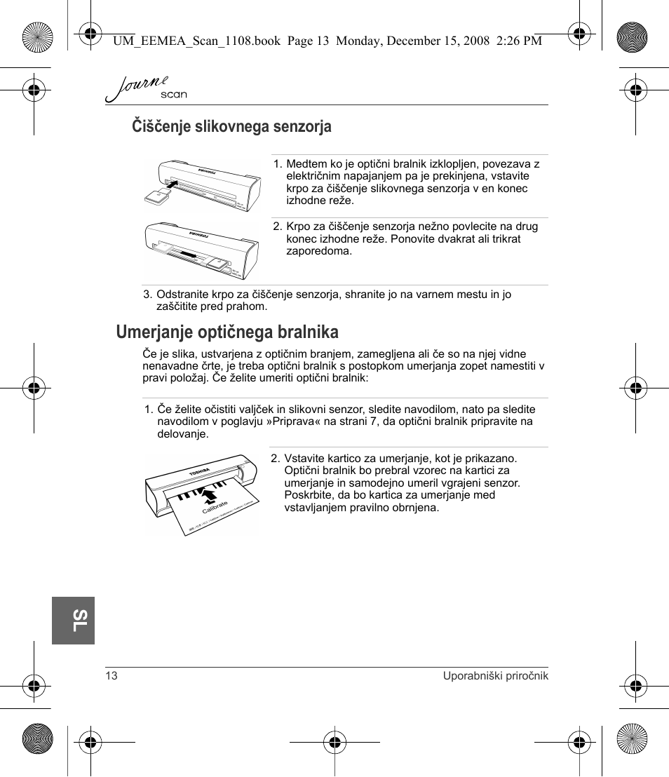 Umerjanje optičnega bralnika, Čiščenje slikovnega senzorja | Toshiba JournE Scan User Manual | Page 194 / 236