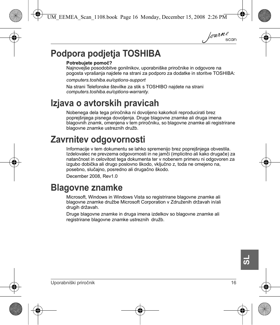 Podpora podjetja toshiba, Izjava o avtorskih pravicah, Zavrnitev odgovornosti | Blagovne znamke | Toshiba JournE Scan User Manual | Page 197 / 236
