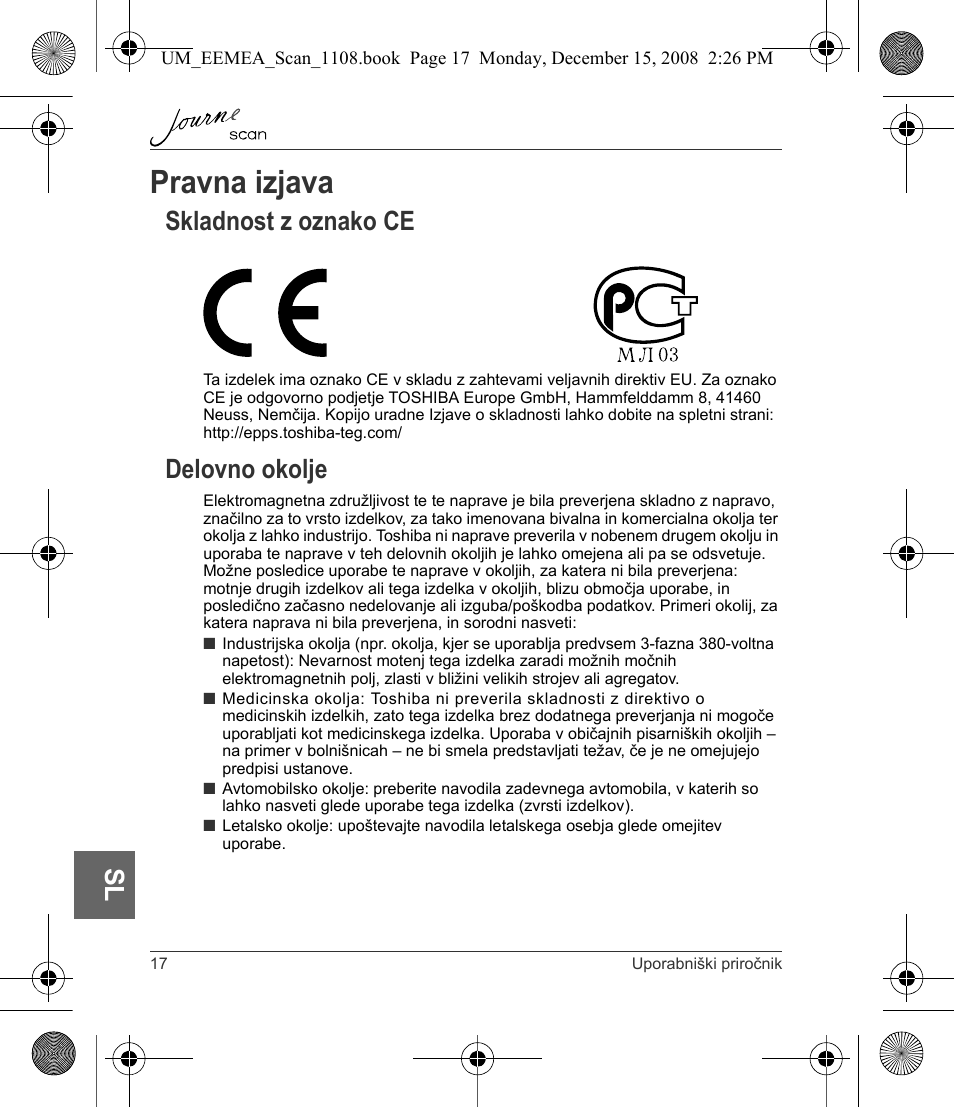 Pravna izjava, Skladnost z oznako ce delovno okolje, Skladnost z oznako ce | Delovno okolje | Toshiba JournE Scan User Manual | Page 198 / 236