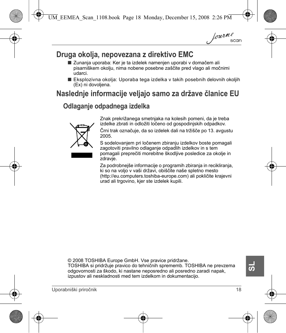 Sl druga okolja, nepovezana z direktivo emc, Odlaganje odpadnega izdelka | Toshiba JournE Scan User Manual | Page 199 / 236