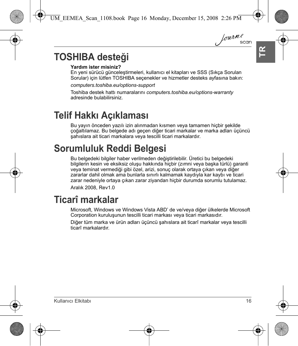 Toshiba desteği, Telif hakkı açıklaması, Sorumluluk reddi belgesi | Ticarî markalar | Toshiba JournE Scan User Manual | Page 215 / 236