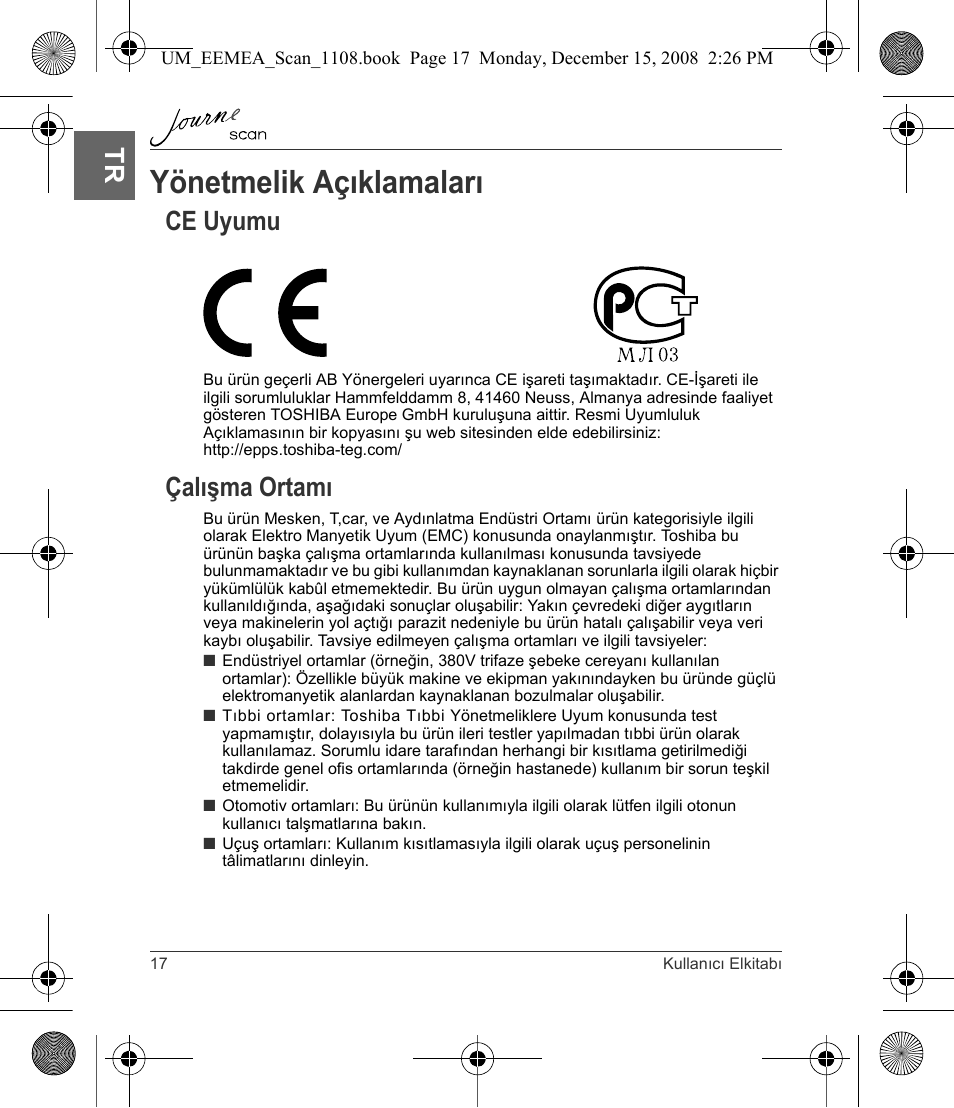 Yönetmelik açıklamaları, Ce uyumu çalışma ortamı, Ce uyumu | Çalışma ortamı | Toshiba JournE Scan User Manual | Page 216 / 236