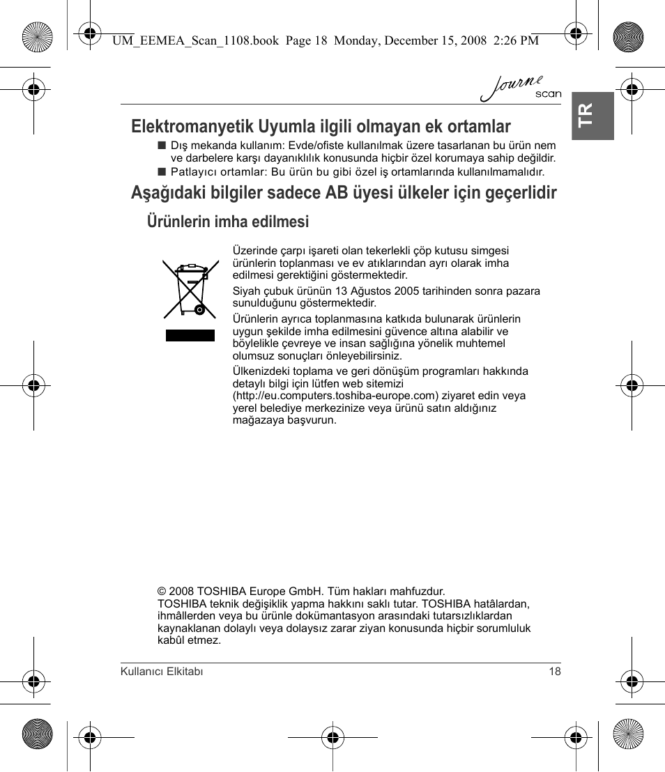 Ürünlerin imha edilmesi | Toshiba JournE Scan User Manual | Page 217 / 236