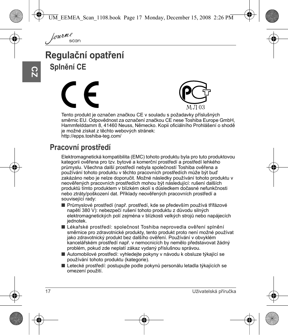 Regulační opatření, Splnění ce pracovní prostředí, Splnění ce | Pracovní prostředí | Toshiba JournE Scan User Manual | Page 36 / 236