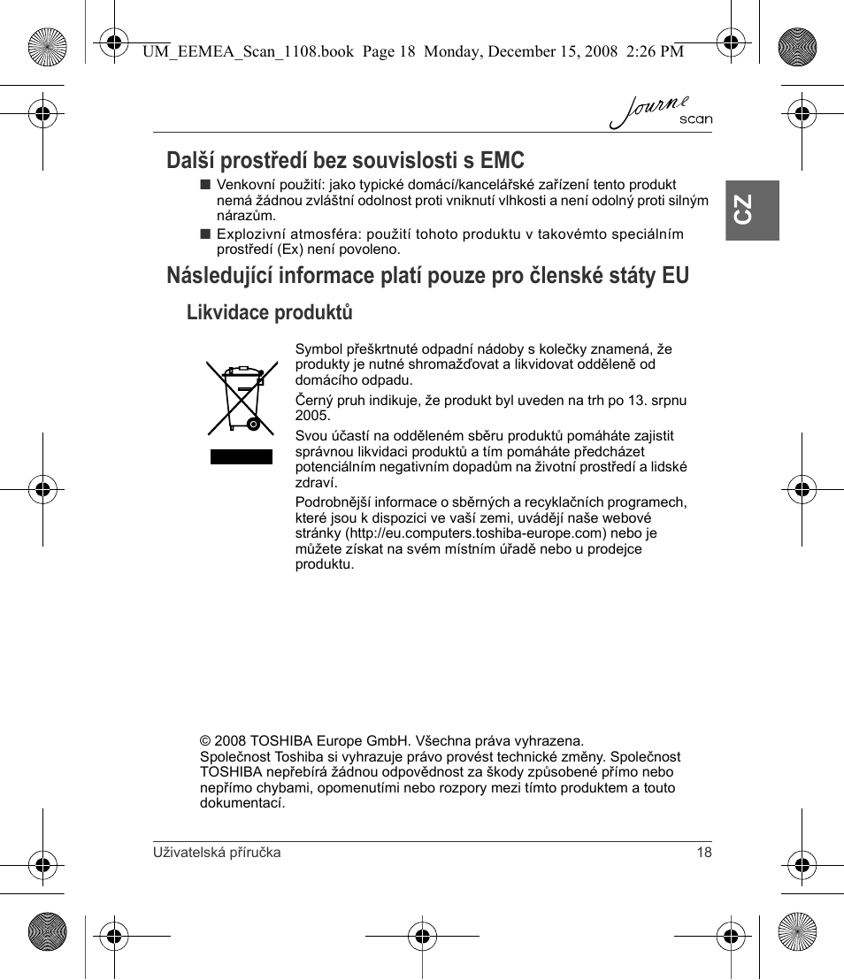 Cz další prostředí bez souvislosti s emc, Likvidace produktů | Toshiba JournE Scan User Manual | Page 37 / 236
