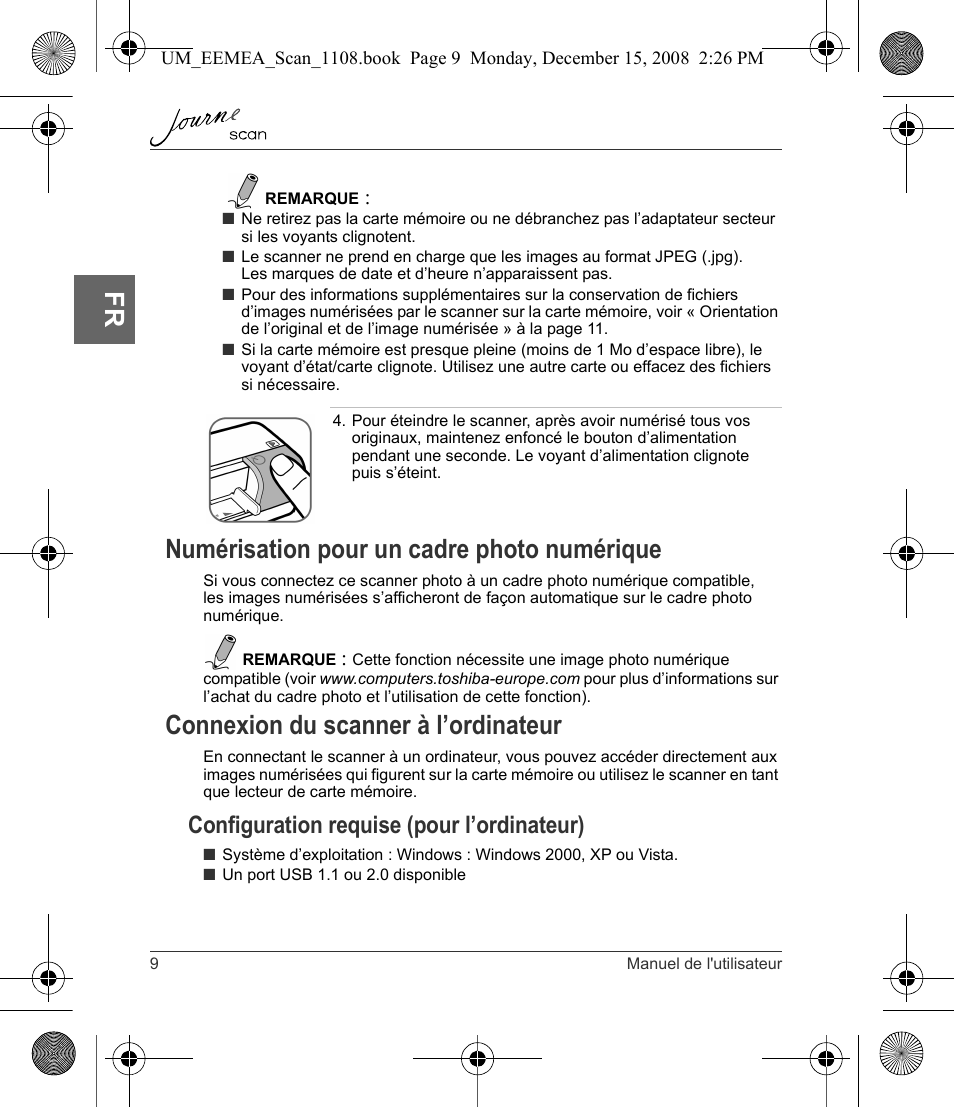 Numérisation pour un cadre photo numérique, Connexion du scanner à l’ordinateur, Configuration requise (pour l’ordinateur) | Toshiba JournE Scan User Manual | Page 46 / 236