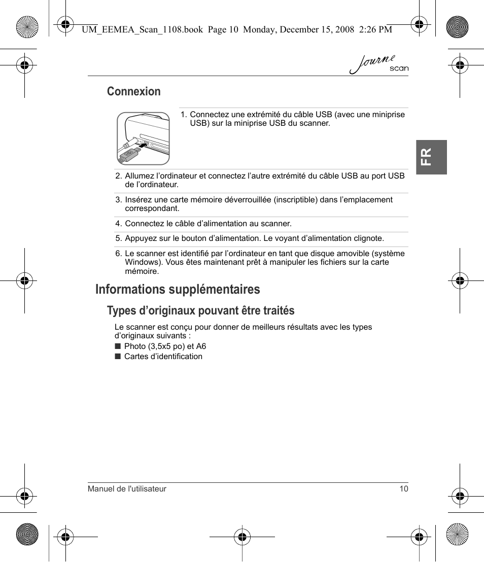 Informations supplémentaires, Connexion, Types d’originaux pouvant être traités | Toshiba JournE Scan User Manual | Page 47 / 236