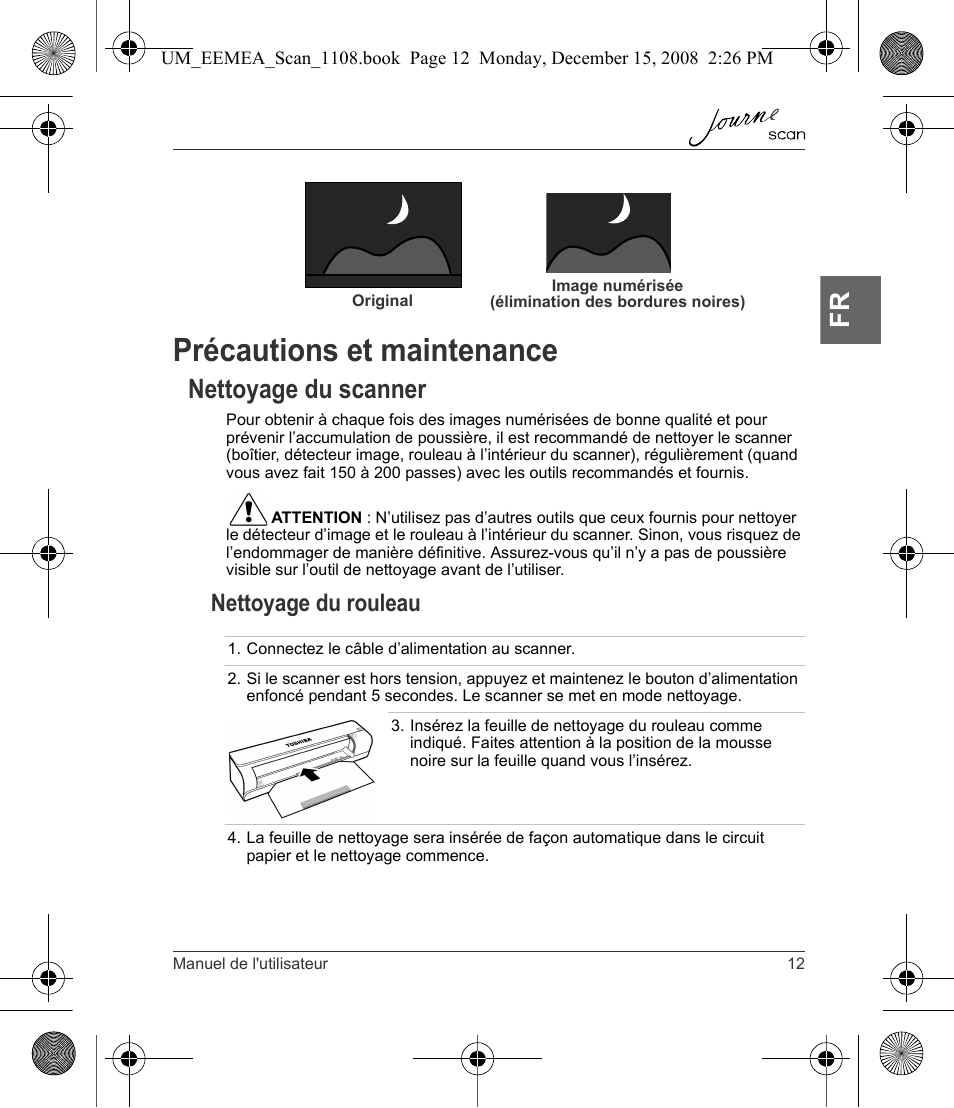 Précautions et maintenance, Nettoyage du scanner, Nettoyage du rouleau | Toshiba JournE Scan User Manual | Page 49 / 236