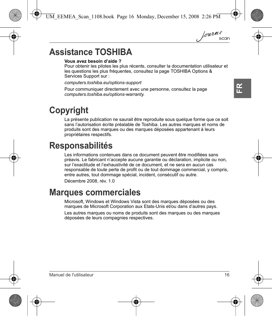 Assistance toshiba, Copyright, Responsabilités | Marques commerciales | Toshiba JournE Scan User Manual | Page 53 / 236