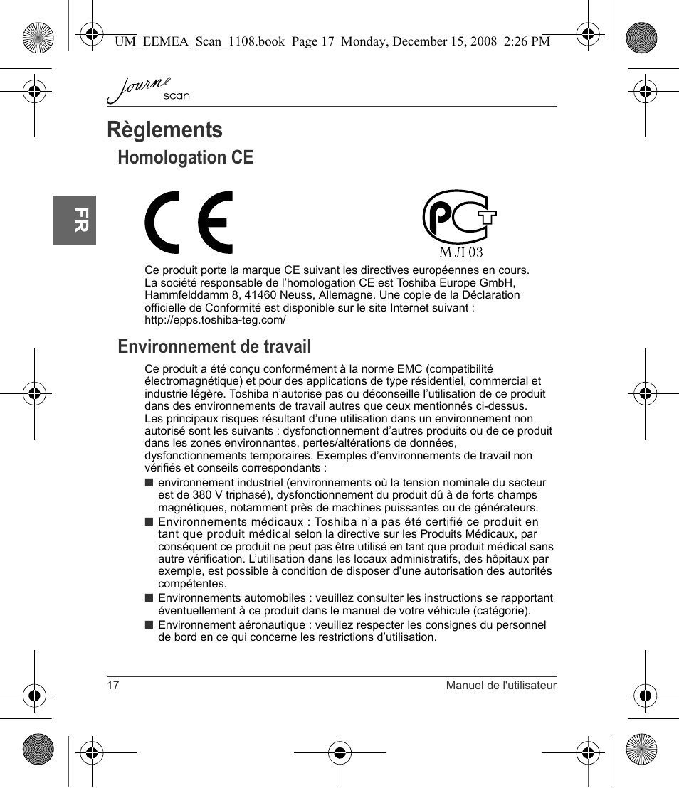 Règlements, Homologation ce environnement de travail, Homologation ce | Environnement de travail | Toshiba JournE Scan User Manual | Page 54 / 236