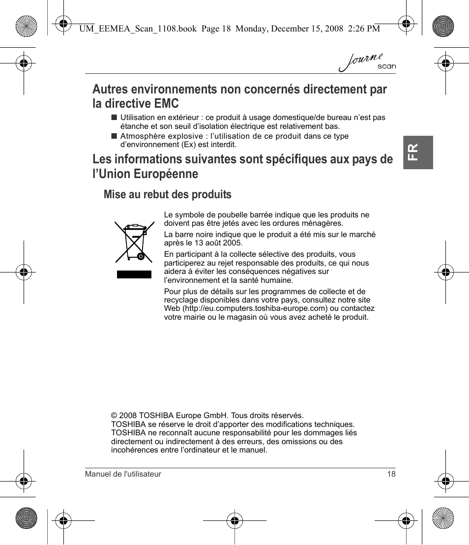 Autres environnements non concernés directement, De l’union européenne, Mise au rebut des produits | Toshiba JournE Scan User Manual | Page 55 / 236