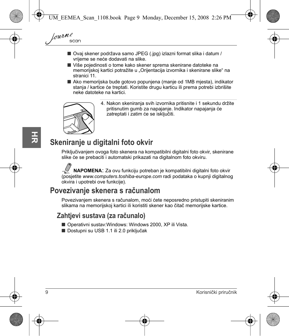Skeniranje u digitalni foto okvir, Povezivanje skenera s računalom, Zahtjevi sustava (za računalo) | Toshiba JournE Scan User Manual | Page 82 / 236