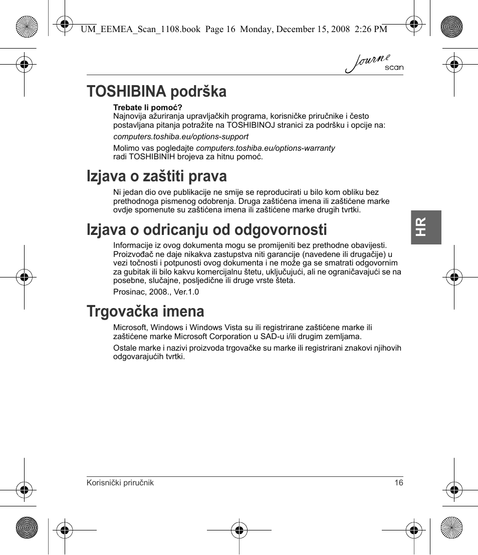Toshibina podrška, Izjava o zaštiti prava, Izjava o odricanju od odgovornosti | Trgovačka imena | Toshiba JournE Scan User Manual | Page 89 / 236