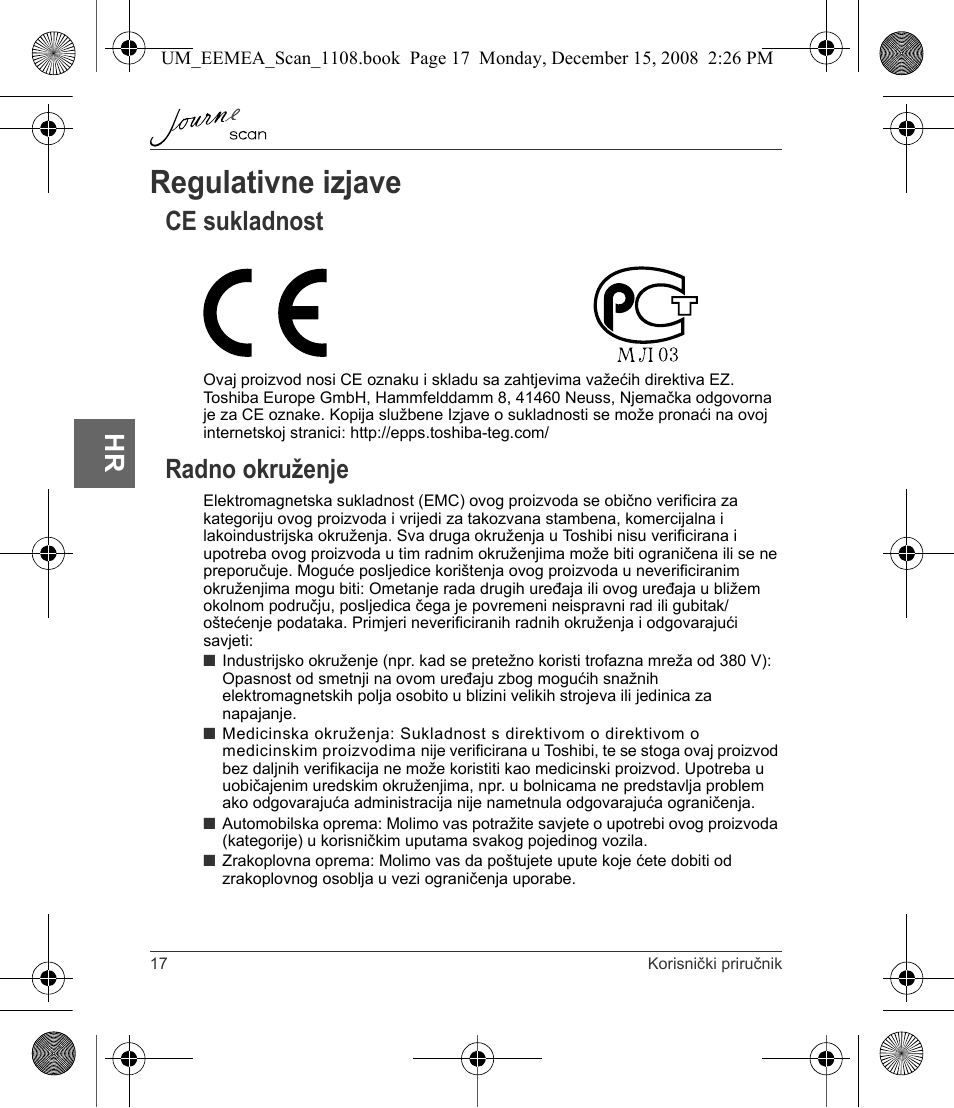 Regulativne izjave, Ce sukladnost radno okruženje, Ce sukladnost | Radno okruženje | Toshiba JournE Scan User Manual | Page 90 / 236