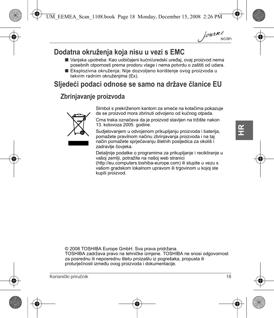 Hr dodatna okruženja koja nisu u vezi s emc, Zbrinjavanje proizvoda | Toshiba JournE Scan User Manual | Page 91 / 236